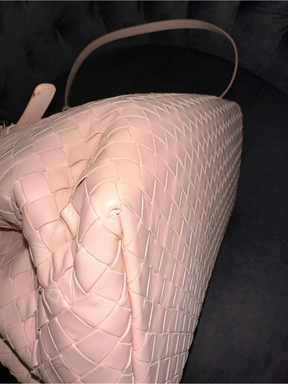 Authentic Bottega Veneta Roma Woven Leather Satchel Handbag in blush pink